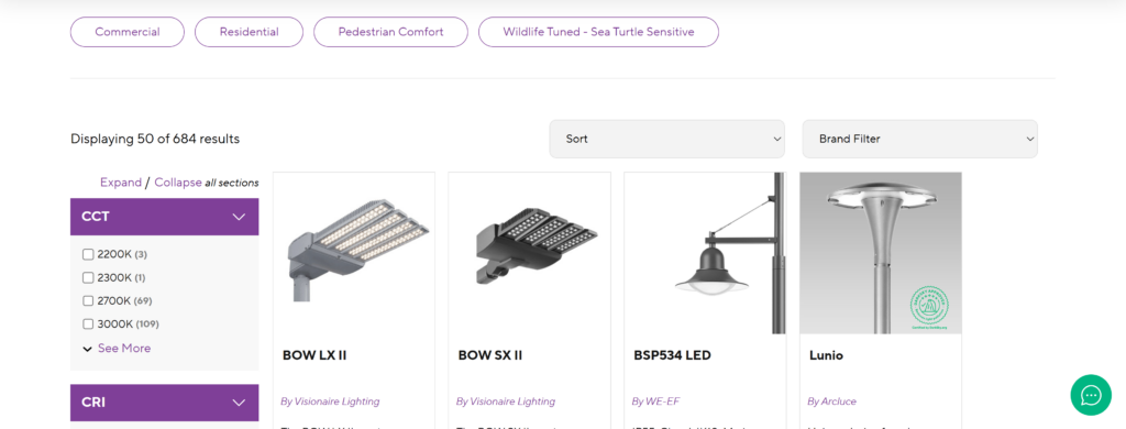 screenshot of the DarkSky approved luminaires page