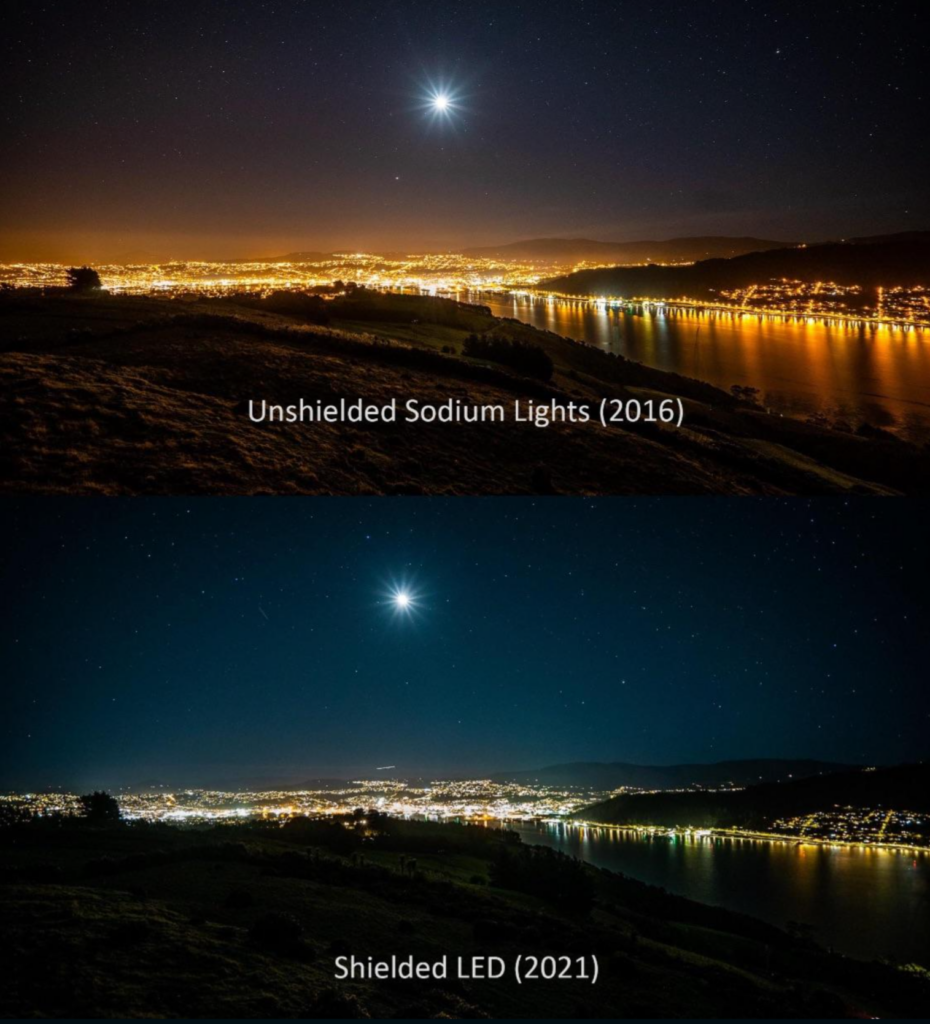 comparison between unshielded sodium lights (2016) and shielded LED (2021) in Dunedin, New Zealand