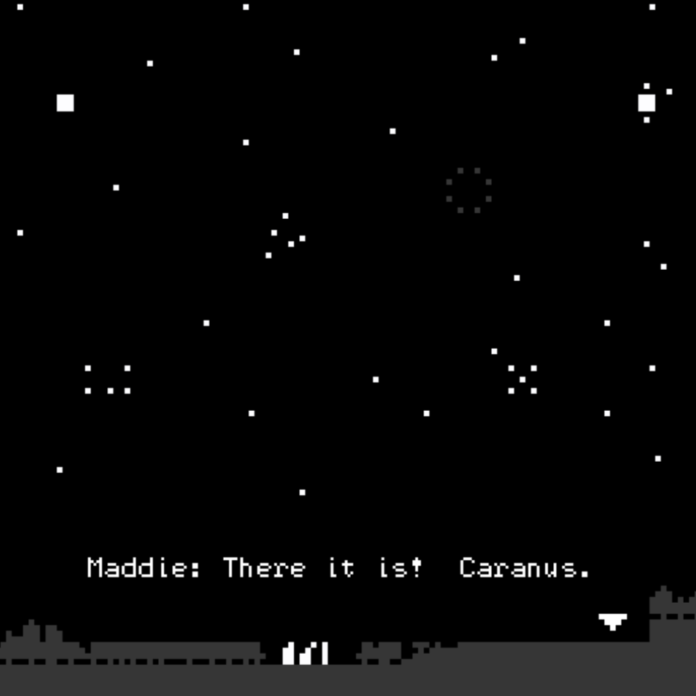 videogame with pixelated night sky and speech bubble at the bottom