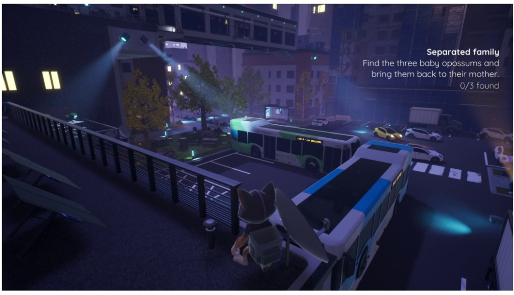 screenshot of the mission "separated family": find the three baby opossums and bring them back to their mother.
