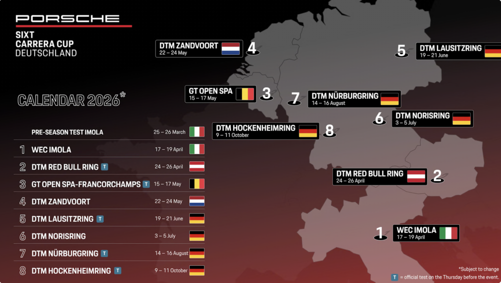 Rennkalender der Porsche Sixt Carrera Cup Deutschland Serie der Saison 2026